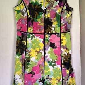 Calvin Klein Bright Floral Print Dress with Black Trim